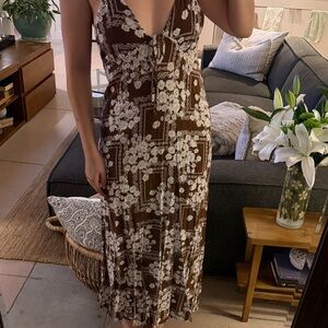 Brown Floral Tie-Front Midi Dress